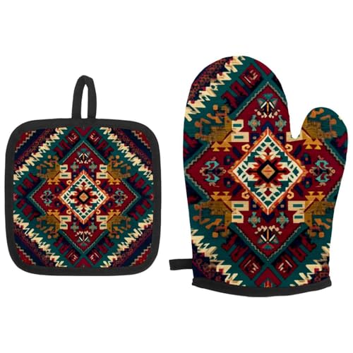 Ensemble de gants de cuisine au style rétro bohème, textile résistant et durable
