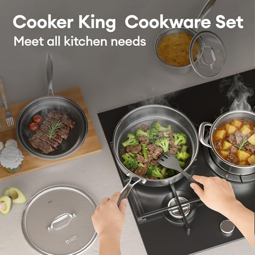 Image of COOKER KING 7 PCS Stainless Steel Cookware Set, Pots and Pans Set Non Stick, Hybrid Cookware,Non-Stick Frying Pan, Saucepan, Saute Pan & Stockpot, Non-Toxic, Oven Safe, Induction Compatible