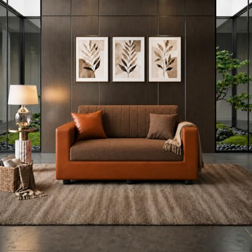 Image of Double Tone 2 Seater Sofa Couch, Upholstered Fabric & Faux Leather Sofa with Channeled Backrest, Living Room with Solid Wood Frame & Pillows, 134 cm (53 inch) Brown and Tan