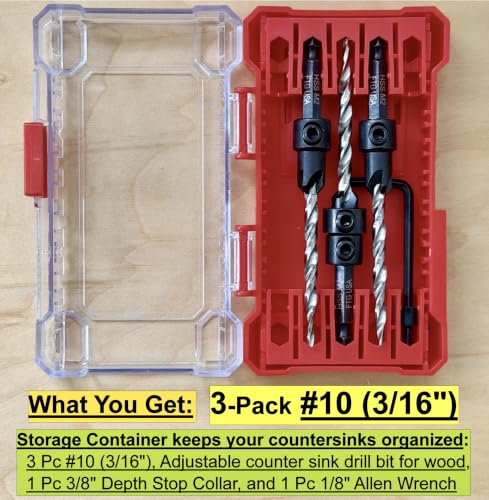 Image of FTG USA 3-Pk #10 (3 /16 inch) Countersink Drill Bit Set, 1 Stop, 1 Wrench & Case