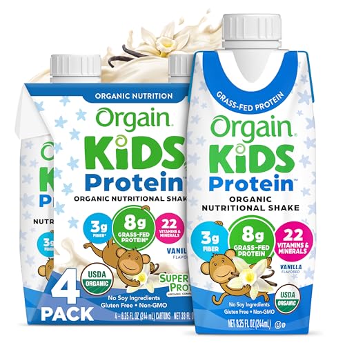 Orgain Organic Kids Protein Nutritional Shake, Vanilla - 8g of Protein, 22 Vitamins & Minerals, Fruits & Vegetables, Gluten Free, Soy Free, Non-GMO, 8.25 Fl Oz (Pack of 4)