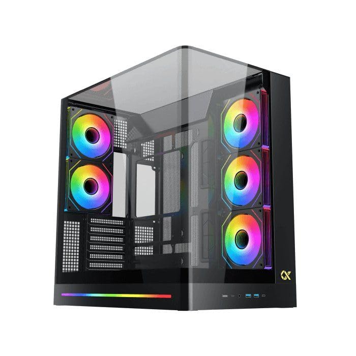 XIGMATEK Pano II E-ATX Boîtier tour moyenne avec verre trempé incurvé monobloc, 8 ventilateurs ARGB de 120 mm et boîtier de télécommande PWM, support vertical pour GPU inclus (noir (EN48418))