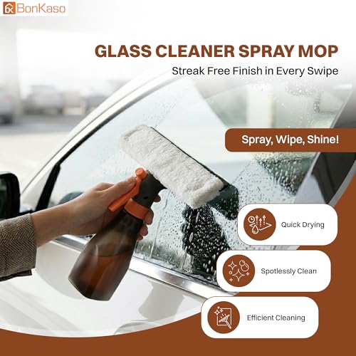 Image of BonKaso Glass Cleaner Spray Mop with Squeegee and Microfiber Pad, 250 ml Spray Bottle, Dual Spray and Stream Nozzle, Window Wiper and Glass Cleaning Tool for Mirrors, Car Windshield and Tiles