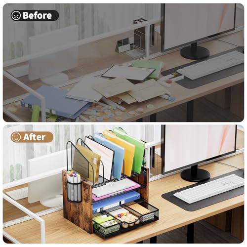Image of Marbrasse Desk organizer with Drawer, 4-Tier Wooden File Organizer with 5 Vertical File Holders and 2 Pen Holders, Desk Organizers and Accessories for Home Office - Dark Brown