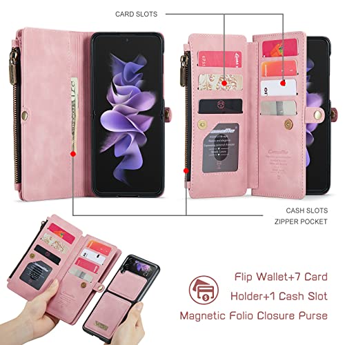 Defencase Z Flip 3 Case, for Galaxy Z Flip 3 Case Wallet Detachable for Women Men, PU Leather 2-in-1 Strap Zipper Magnetic Removable Wallet Case for Samsung Z Flip 3 with Card Holder, Rose Pink