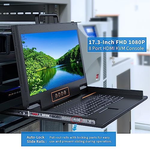 Image of 8 Port HDMI Rack Mount KVM Console 17.3-Inch 1080P with KVM Cables, Standard 1U Height KVM Switch Drawer+ Rackmount Monitor+ Keyboard+Touchpad, OSD /Hotkey /Button Switching, Fits 19'' Rack