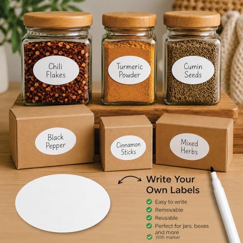 Image of CVANU Spice Jar Label Stickers (100PCS - White) Self-Adhesive Kitchen Container Labels with Black Marker | Matte Writable Stickers for Spice Bottles, Storage & Masala Boxes | Oval Design Blank Labels