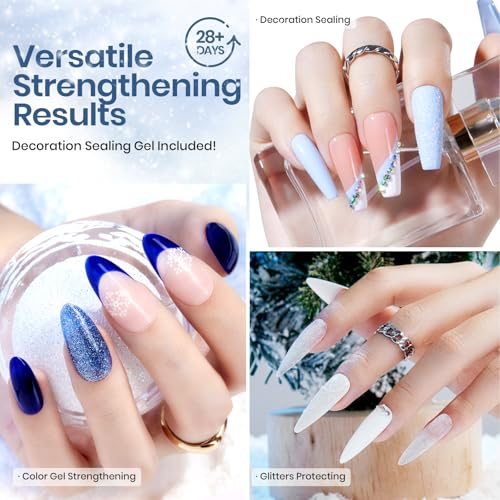 Image of Beetles Summer Gel Nail Polish Set 5 Winter Colors Dark Blue Glitter White Light Blue Silver Gel Polish with Sealing Gel Sugar Dust Powder Nail Sticker UV LED Needed Gifts for Women Sparkling Snow