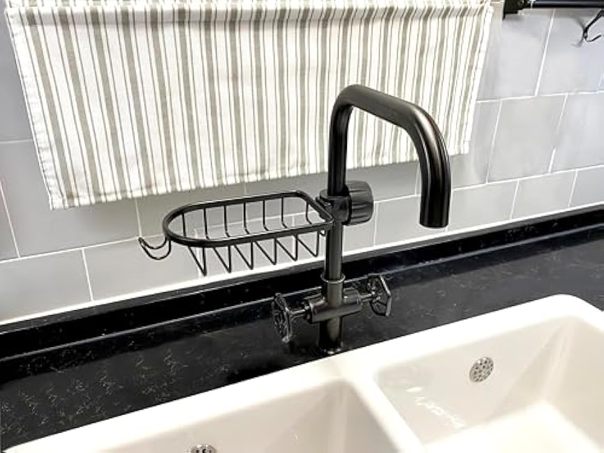 Alessia Cara Sponge Holder, Kitchen Sink Caddy, Bathroom Rack Soap Bottle Holder, Rag, Brush, Scrubber, Dishcloth Drain Rack, Clip on Storage (Black)