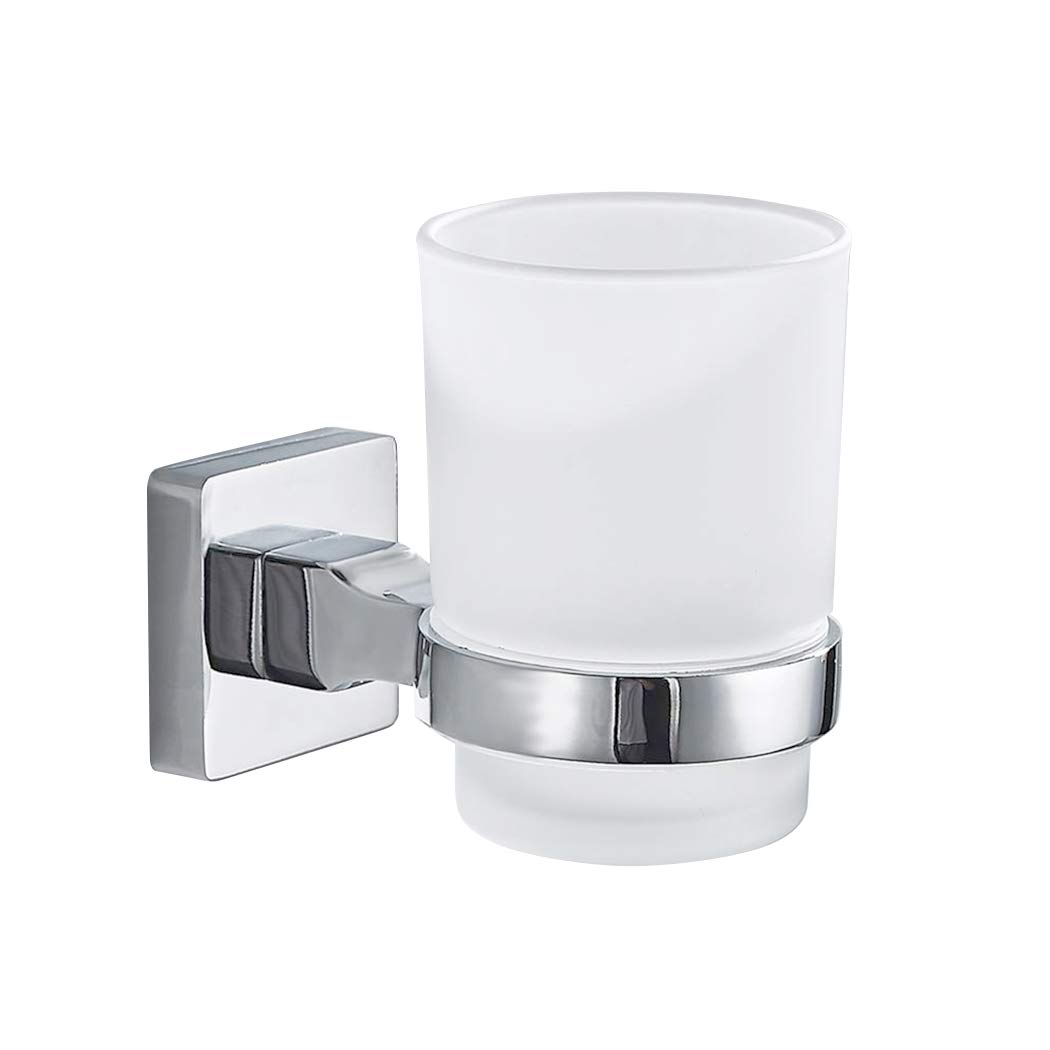 Phoewon Single Glass Tumbler Wall Mounted Toothbrush Tumbler Holder 304 Stainless Steel And Frosted Glass Tumbler Holder Toothpaste Double Glass Holder For Lavatory, Bathroom