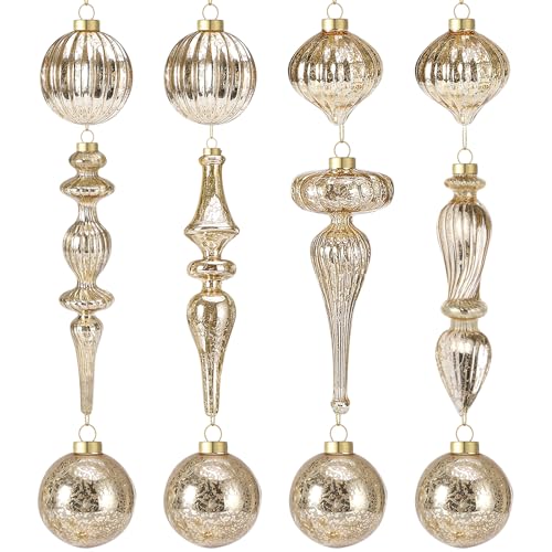 Soulchen 12 Pcs Mercury Glass Christmas Hanging Ornaments Vintage Glass Balls Finial with Different Shapes for Xmas Tree Decor Christmas Baubles for Holiday Winter Decoration(Gold,Mixed Shapes)