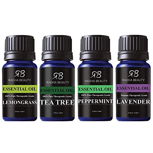 Radha Beauty Aromatherapy Top 4 Essential Oils 100% Pure & Therapeutic Grade - Basic Sampler Gift Set & Kit (Lavender, Tea Tree, Lemongrass, Peppermint)