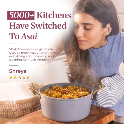 Image of Asai Ceramic Dutch Oven 24cm (4L) with Glass Lid & Silicone Spatula | Grey | Procera Swiss Ceramic Non-Stick Coating | Induction, Gas & Electric Compatible | Stay-Cool Handles | Lab Tested