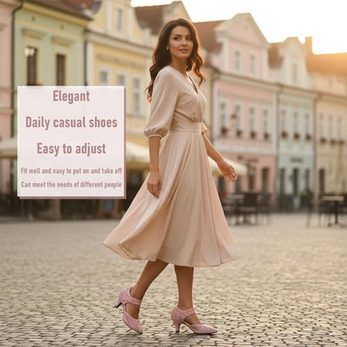 Image of Women's Comfortable Mary Jane Pumps Vintage Cutout Closed Toe Kitten Heels for Dressy Office Work