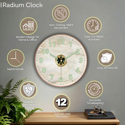 Image of WHISKET - 12 Inch | Luxury Designer Radium Wall Clock with Night Glow Numbers - Silent Analog Clock with Elegant Floral Design for Living Room, Bedroom & Office Decor.(Radium Cream - Shell Round)