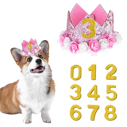 Dog Birthday Hats Girl Dogs Birthday Hat with Number Dog Birthday Hat Crown for Small and Medium Pet Party Headband with Numbers(Pink)