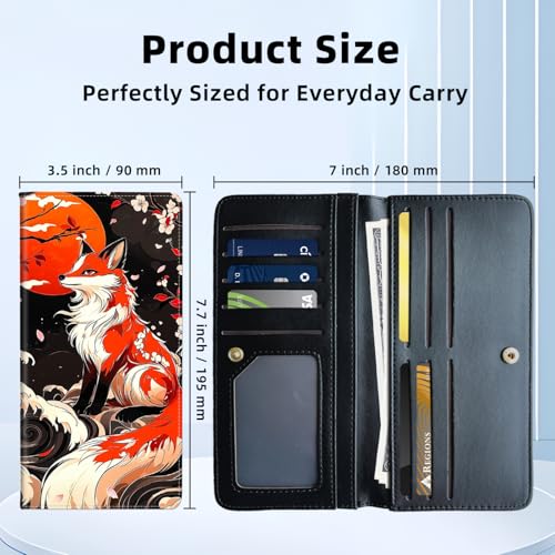 Womens Wallet,RFID Blocking Credit Card Slim Thin Holder,Long Bifold PU Leather Card Organizer,Cash Clutch Billfold Pocket Ladies Minimalist Travel Wallets,Fox Floral Waves3