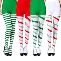 4 Pcs Christmas Striped Tights Full Length Red Green Candy Cane Xmas High Stocking Leggings Spandex Tights for Women