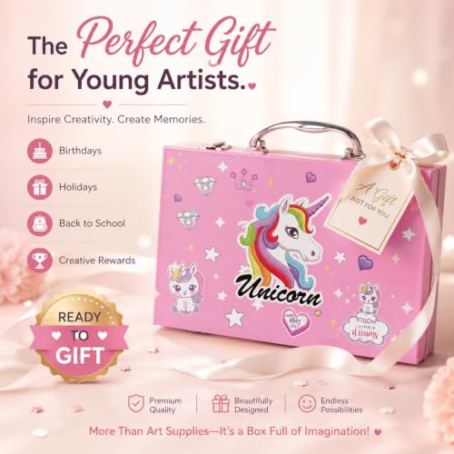 Image of EDUWATION 67 Pieces Unicorn Art Set for Kids, Drawing & Painting Kit with Colour Pencils, Sketch Pens, Oil Pastels, Watercolour Paints, Crayons, Brush, Eraser, Sharpener & Portable Carry Case, Gift for Girls Boys