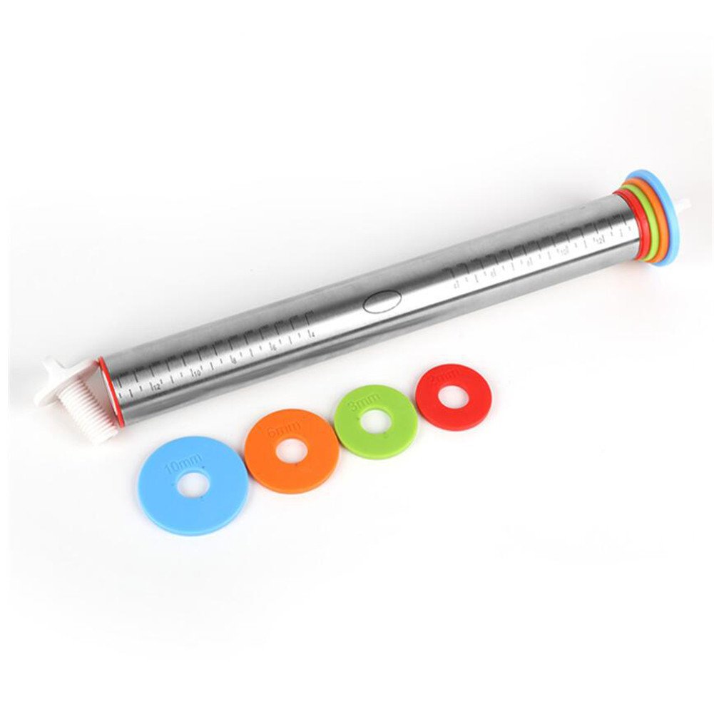 Rolling Pin Anti Stick Rvs Deegroller met 4 Siliconen Gids Ringen Keuken Rolling Tool voor Bakken Pizza Deeg, Taart