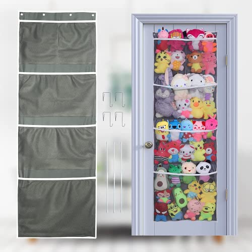 Image of LONCHDAN Over the Door Stuffed Animal Storage Stuffed Animals Holder Over Door Hanging Organizer Large Pockets Plushie Net Stuff Animal Storage Display for Plush with Hooks & Rods for Nursery Playroom