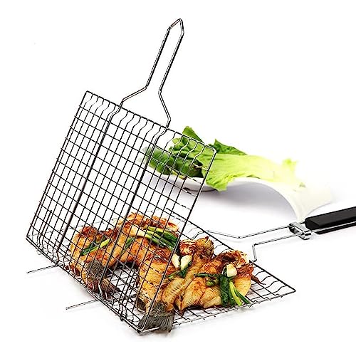 Cesta de Parrilla de Acero Inoxidable con Asa - Cesta Plegable Grande con Asa, Parrilla Portátil para Exteriores para Pescado, Camarones, Verduras, Parrilla,...