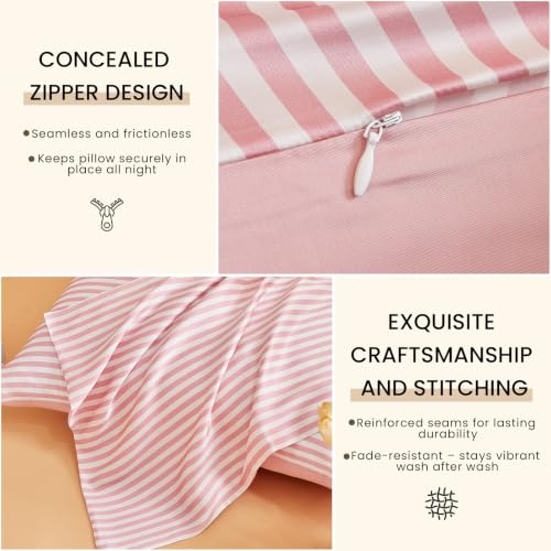 Image of THXSILK Mulberry Silk Pillowcase for Hair and Skin Health, Grade 6A+ Mulberry Silk Pillowcase with Hidden Zipper, Soft and Breathable, 1pc (King 20 inchx36 inch, Pink White Stripes)