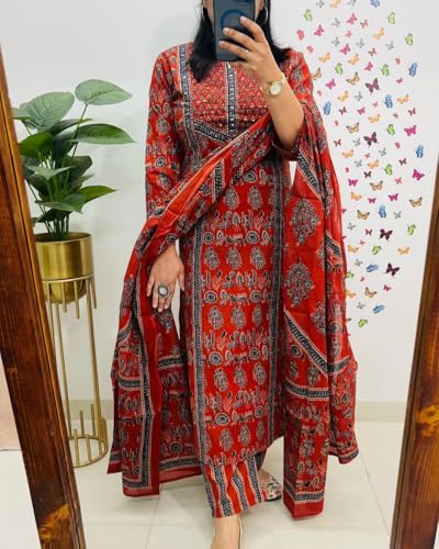 Image of krisjan|Women's Pure Cotton Printed with Handwork Kurta with Pants and Dupatta Set | Ethnic Set | Suit Set | Kurta Set | Wedding Suit Set