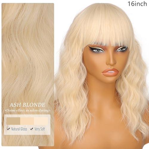 Image of Nnzes Short Wavy Bob Wig with Bangs for Women Shoulder Length Curly Soft Ash Blonde Synthetic Heat-Resistant Fiber Hair for Daily & Party Use