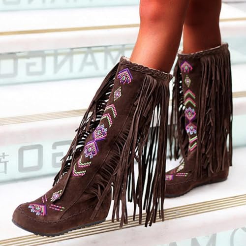 BORAMAX Women's Fringe Western Boots, Suede Embroidered Closure Fringe Mid Calf Knee High Flat Boots Long Snow Tassel Boots2