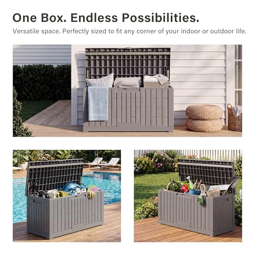Image of EAST OAK Outdoor Storage Box, 80 Gallon Deck Box, Waterproof Resin Storage Bin for Patio Cushions, Gardening Tools, Lockable, UV Resistant, Grey