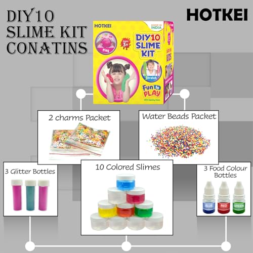 Image of HOTKEI (10 Slime kit) Fruit Scented Colorful DIY Magic Toy Slime Gel Jelly Clay Putty Set Toys for Girls Kids Boys Slime kit Set Toys with Glitter| Charms | Beads Slime Making Kit