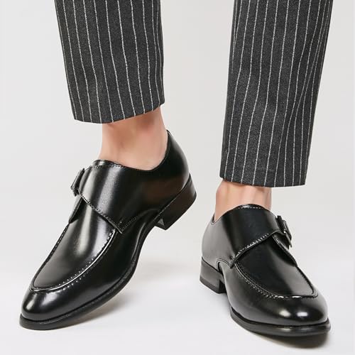 Men's Leather Monk Buckle Low top Loafers Retro Round Toe Low Heeled Slip on Breathe Formal Business Tuxedo Dress Shoes Business Dress Oxfords Classic Plain Toe Formal Leather Shoes4