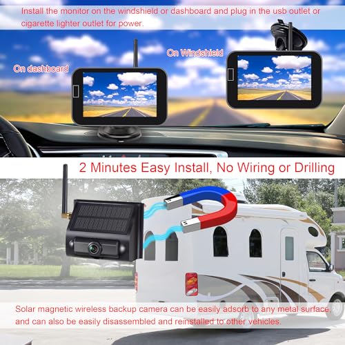 Image of YIMU Solar Magnetic Wireless Backup Camera for Truck andTrailers, Portable, Cordless, Scratch-Proof, 2Mins Easy Install, No Wiring,1080P HD Rechargeable RV Back Camera with 5inch Monitor (YM501)
