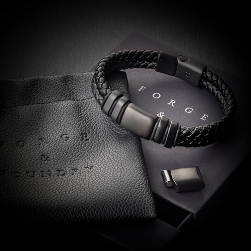 Forge & Foundry Men's Adjustable Black Leather Bracelet | Genuine Woven Leather with Stainless Steel Snap Clasp | Design-Led, Artisan Jewellery from London | Double Strand, Brushed Black Clasp [Navarro]2
