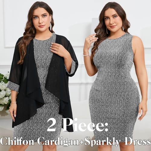 Image of ZOMVA Plus Size Sparkly Formal Dress Suit 2 Piece Mother of The Bride Groom Chiffon Jacket Outfit Cocktail Evening