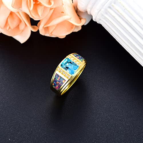 Square Sapphire with Opal Gemstone Wedding Ring for Men Sterling Silver Yellow Gold Plated Men's Ring Vintage Retro Jewelry3