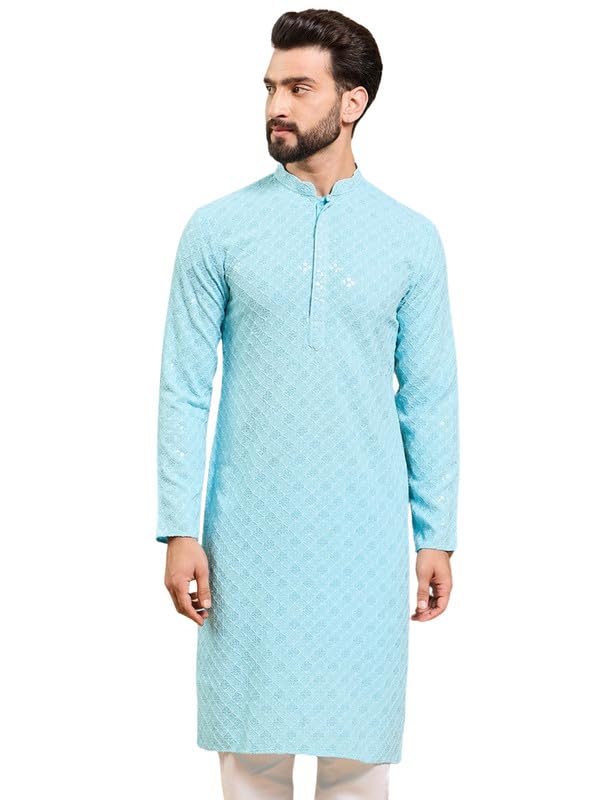 Image of Men's Viscose Rayon Solid Embroidered Long Straight Kurta | Men's Kurta | Embroidered Chikankari Kurta for Men | Straight Fit Kurta for Men