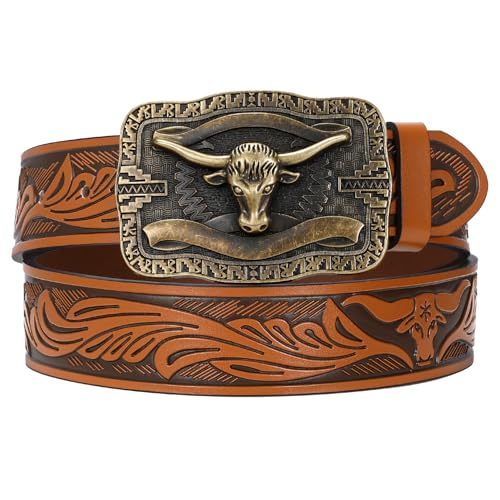 Men Women Western Floral Engraved Belt Cowboy Leather Belt Longhorn Buckle for Jeans Dress