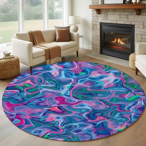 Round Rug 7Ft Washable Non-Slip, Purple Green Waves Circle Area