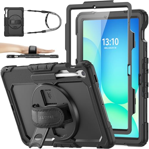 SEYMAC stock Case for Samsung Galaxy Tab S10 FE+ Plus 13.1 Inch 2025, Heavy Duty Shockproof Case with Screen Protector [360° Rotating Stand/Hand Strap] Pen Holder & Shoulder Strap, Black