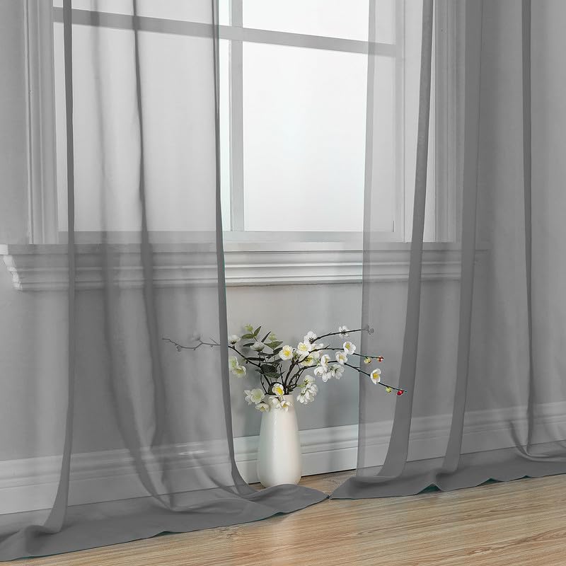 Image of OVZME Charcoal Grey Sheer Curtains 90 Inches Long 2 Panels - Soft Light Filtering Window Sheer Panels for Living Room /Bedroom, Top Dual Rod Pocket, 1 Pair, Each 42Wx90L Inches