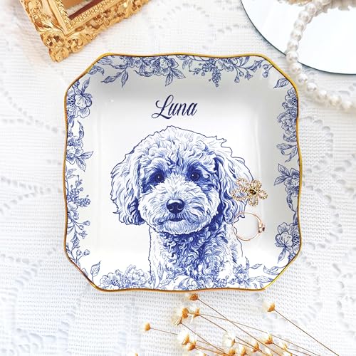 LOVELYPOD Custom Pet Portrait Jewelry Tray Toile De Jouy Ceramic Dish Custom Dog Cat Picture Gifts Personalized Pet Photo Gifts Dog Cat Memorial Gift Sympathy Gift Pets Owner