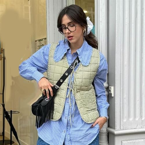 Women's Tie Front Quilted Vest Fall Winter Tie-Up Gingham Sleeveless Jacket Denim Gilet Y2K Streetwear2
