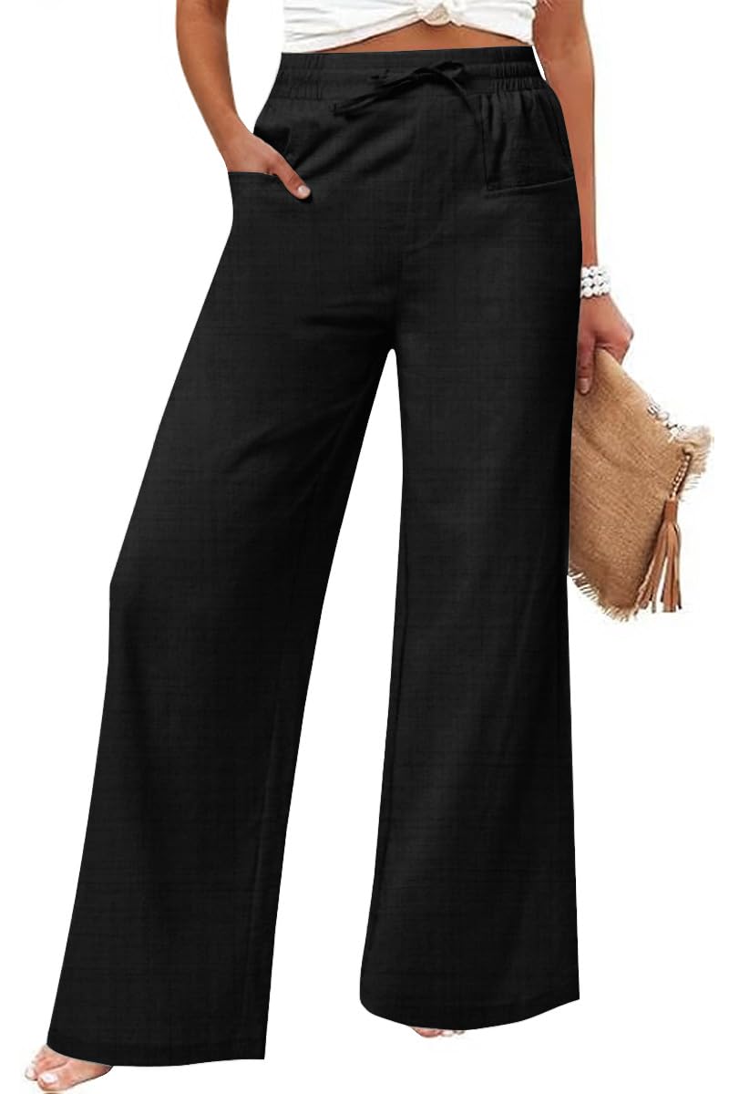 Womens Casual Linen Wide Leg Pants with Pockets Boho Palazzo High Waisted Drawstring Lounge Trousers