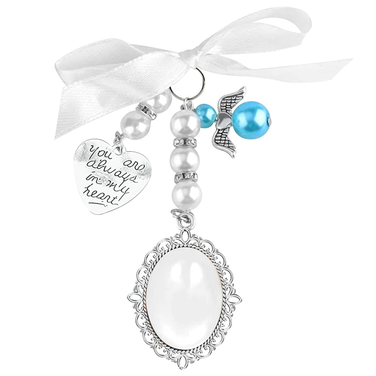 JagowaDIY Pearl Heart Gem Brooch with Angel Pendant - Elegant Wedding Boutonniere with Bowknot, Oval Bouquet Charm Pin and 1 Photo Holder - Gift for Mother of the Bride & Mother's Day
