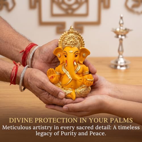 Image of Golden Legacy Orange and Gold Ganesha Idol - 3.5 Inch Divine Seated Ganpati Statue with Premium Finish for Home Mandir, Office Desk, and Car Dashboard - Auspicious Vastu Home Decor and Spiritual Gift