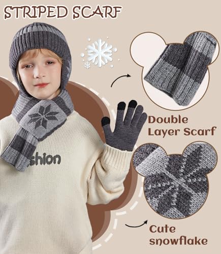 Kids Winter Hat Scarf Gloves Set 3Pcs, 3-12Y Fleece Lined Beanie With Earmuffs Double Layer Scarf Touchscreen Gloves Toddlers4