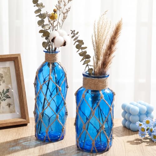 Image of Chuangdi Set of 2 Coastal Glass Flower Vase with Boho Rope, Cobalt Blue