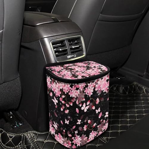 Image of Talayituse Butterfly Cherry Blossom Print Car Trash Can with Adjustable Straps, Foldable Car Trash Bag Bin Car Garbage Bag Multipurpose Storage Box for Vehicle Travel Camping Picnicing